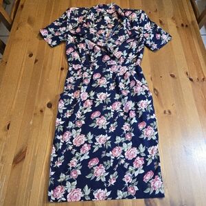 Vintage Dawn Joy 80s Floral V-Neck Fitted Waist Navy Dress X-small Or Small